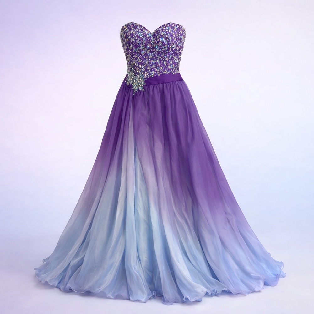 Elegant Purple and Blue Strapless Evening Gown